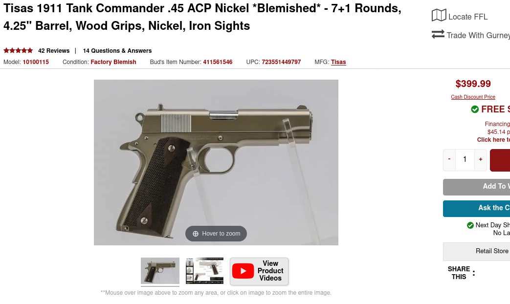 Screenshot 2024-08-17 at 19-56-01 Tisas 1911 Tank Commander .45 ACP Nickel Blemished 10100115 ...png