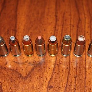 .40 defensive rounds left to right: Federal Guard Dog, Hornady TAP, Winchester Ranger, Hornady Critical Defense, Glaser Powe'R'Ball, Remingtion Golden