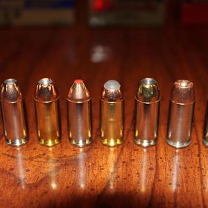 .40 defensive rounds left to right: Federal Guard Dog, Hornady TAP, Winchester Ranger, Hornady Critical Defense, Glaser Powe'R'Ball, Remingtion Golden